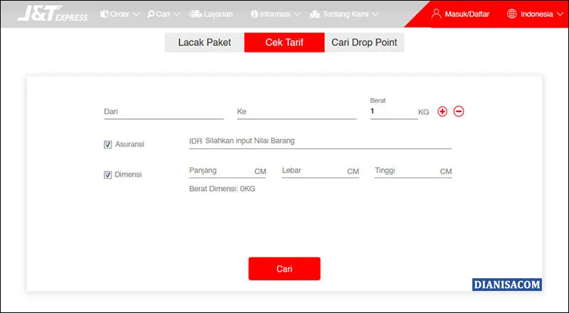 Cek Ongkir Website J&T
