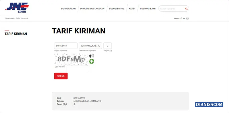 Cek Ongkir Website JNE