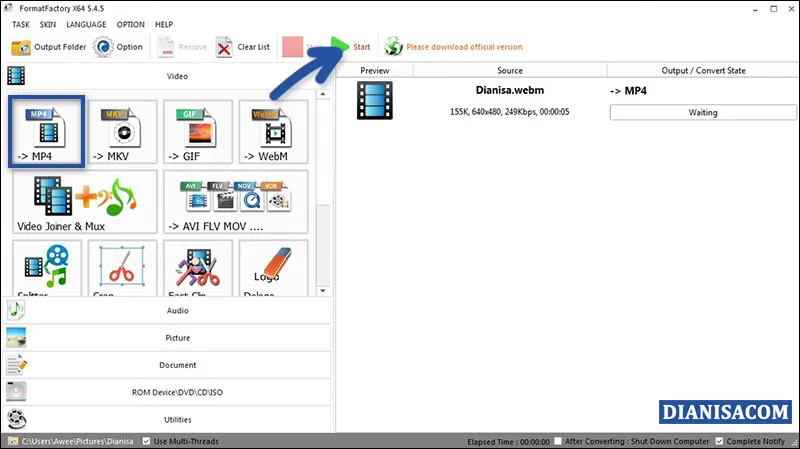 Convert WebM ke MP4 di FormatFactory
