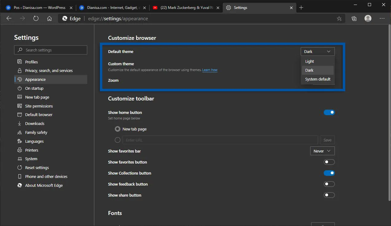 2 Mengubah Tema Menjadi Dark Microsoft Edge