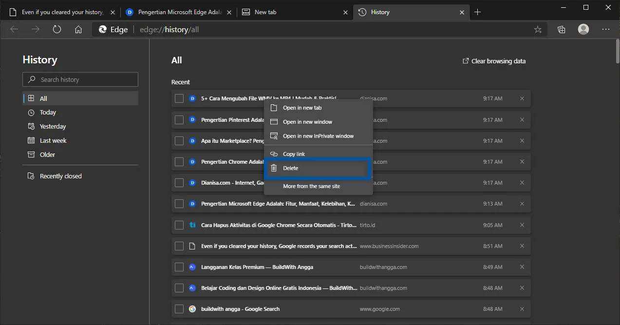 6 Menghapus History Microsoft Edge