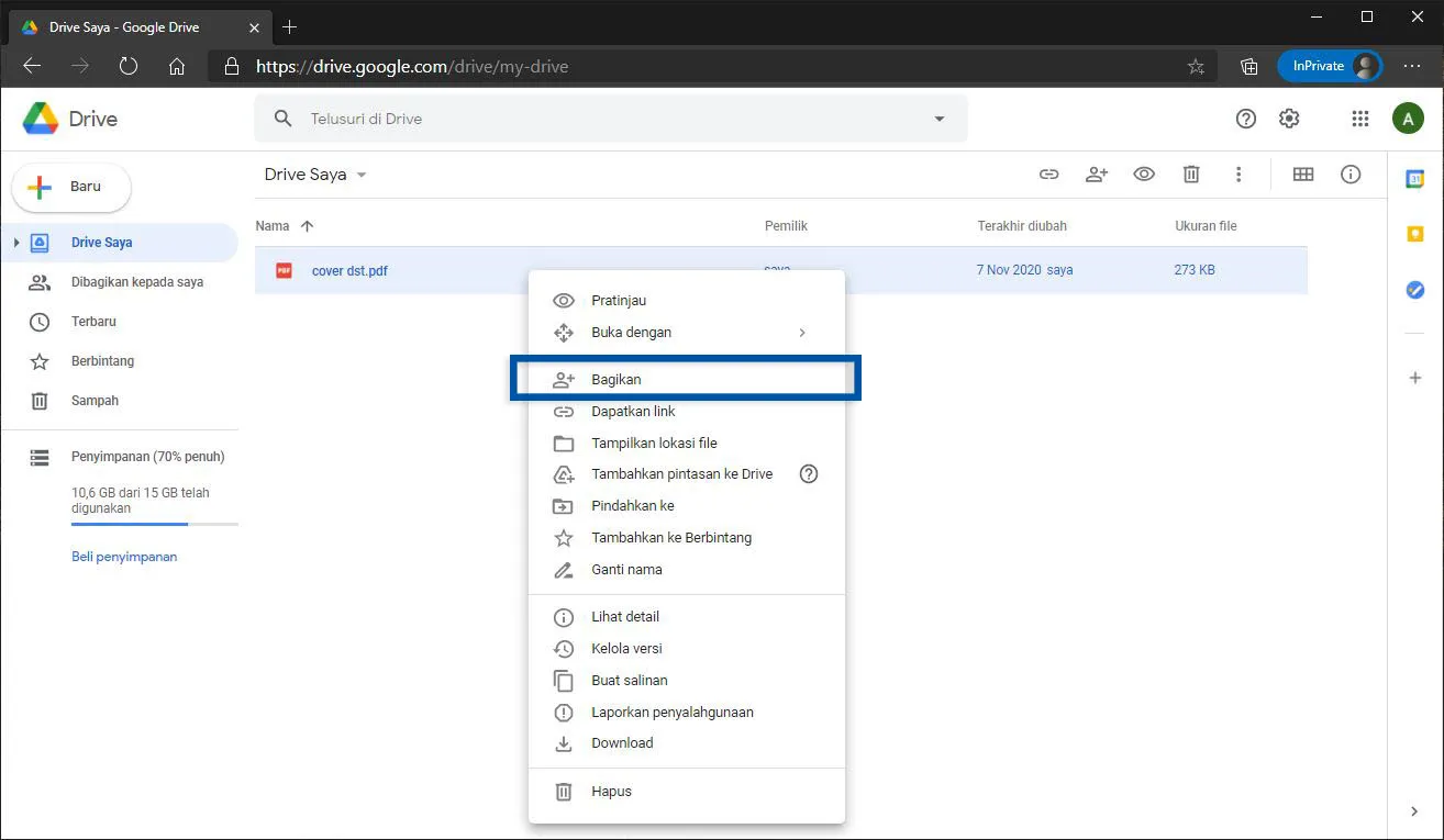 Bagikan file Google Drive dengan klik kanan