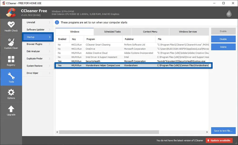 4 Matikan Startup Windows CCleaner