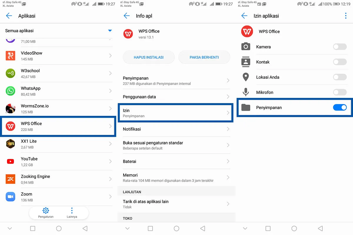 Cek perizinan penyimpanan WPS Office