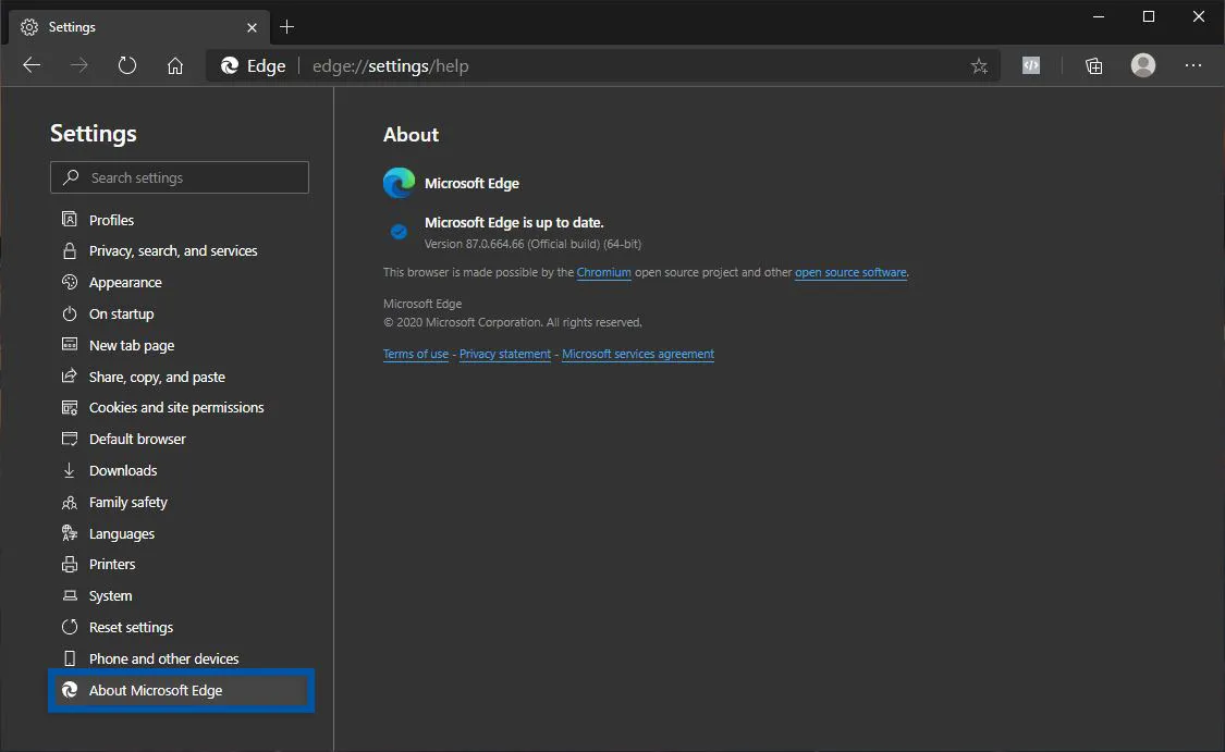 Cek versi Microsoft Edge