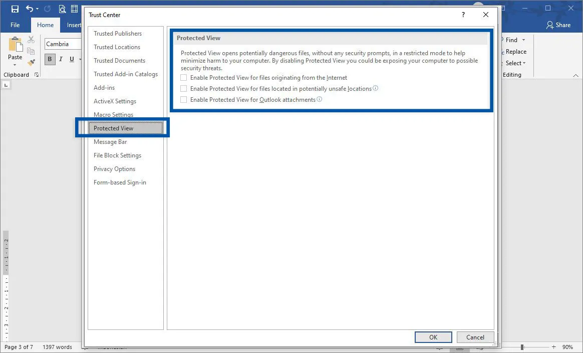 Disable Protected View Microsoft Word