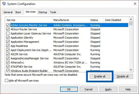 Enable all service System Configuration Windows