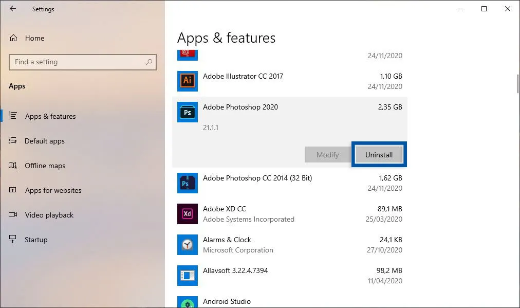 Hapus program lewat Settings Windows