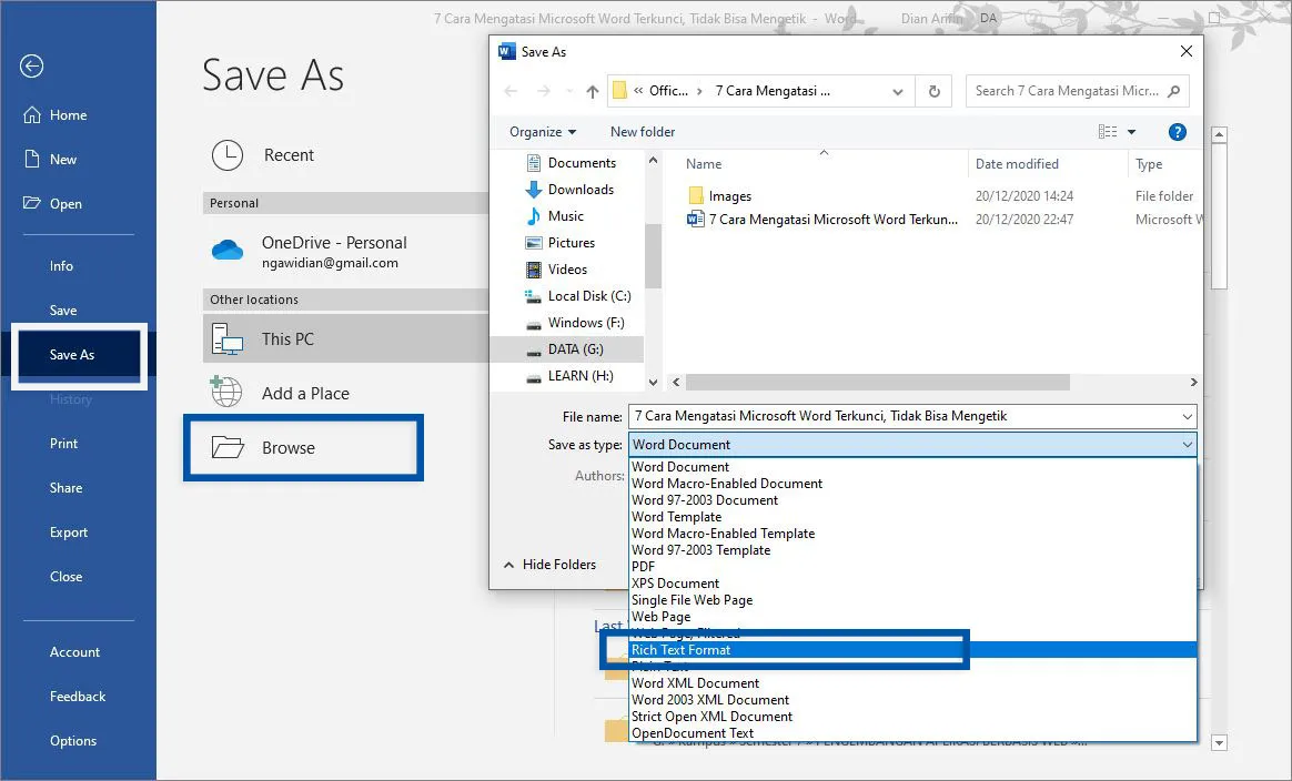 Simpan dokumen format RTF Microsoft Word