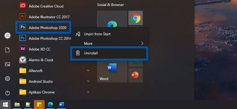 Uninstall Aplikasi lewat Start Windows