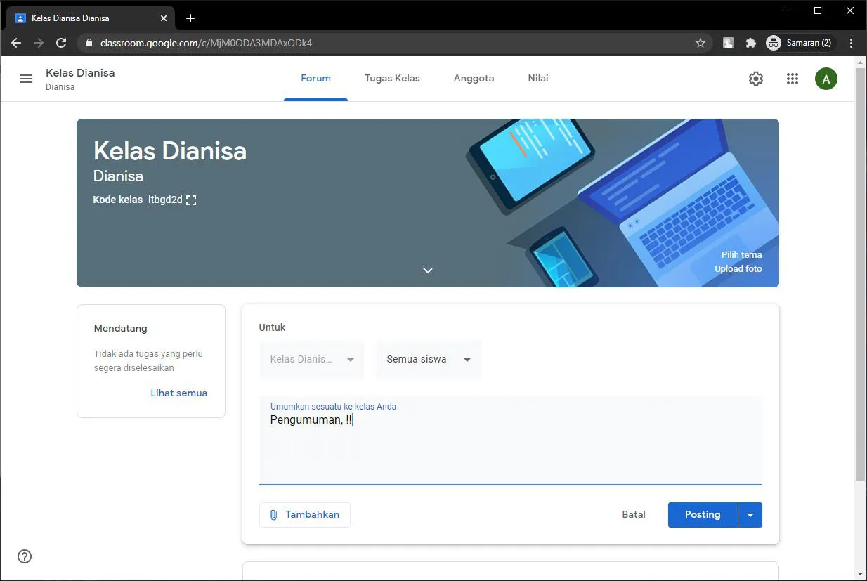 1 Membuat pengumuman Google Classroom