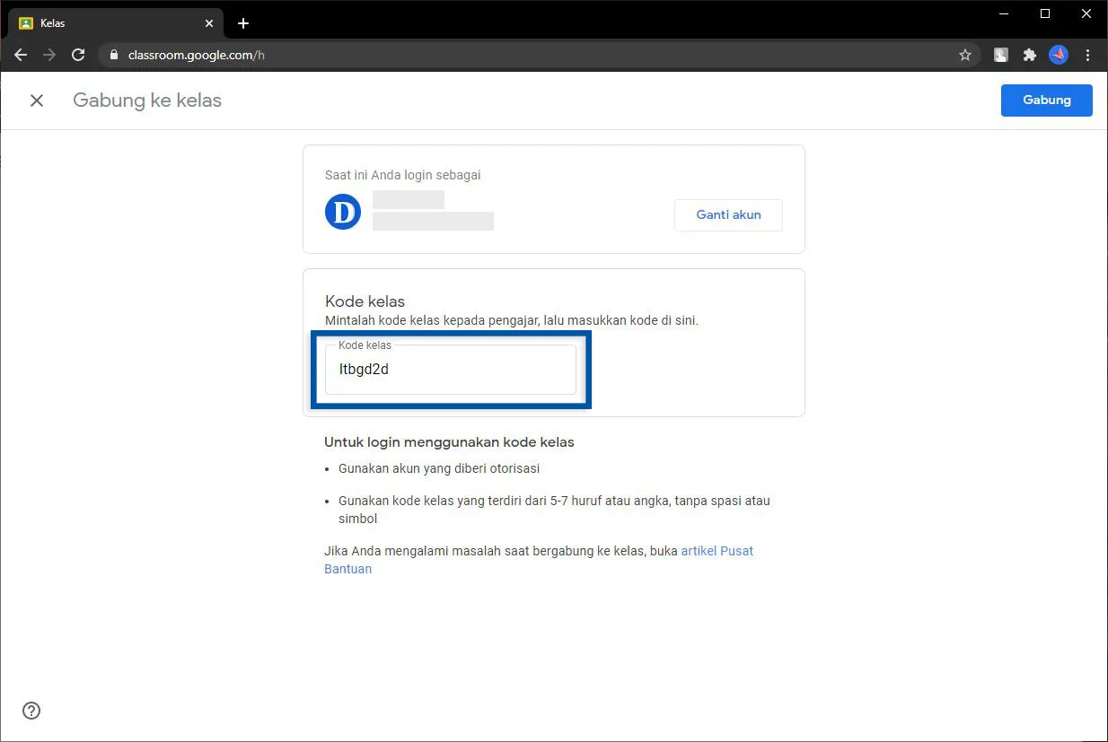 2 Masukkan kode kelas Google Classroom