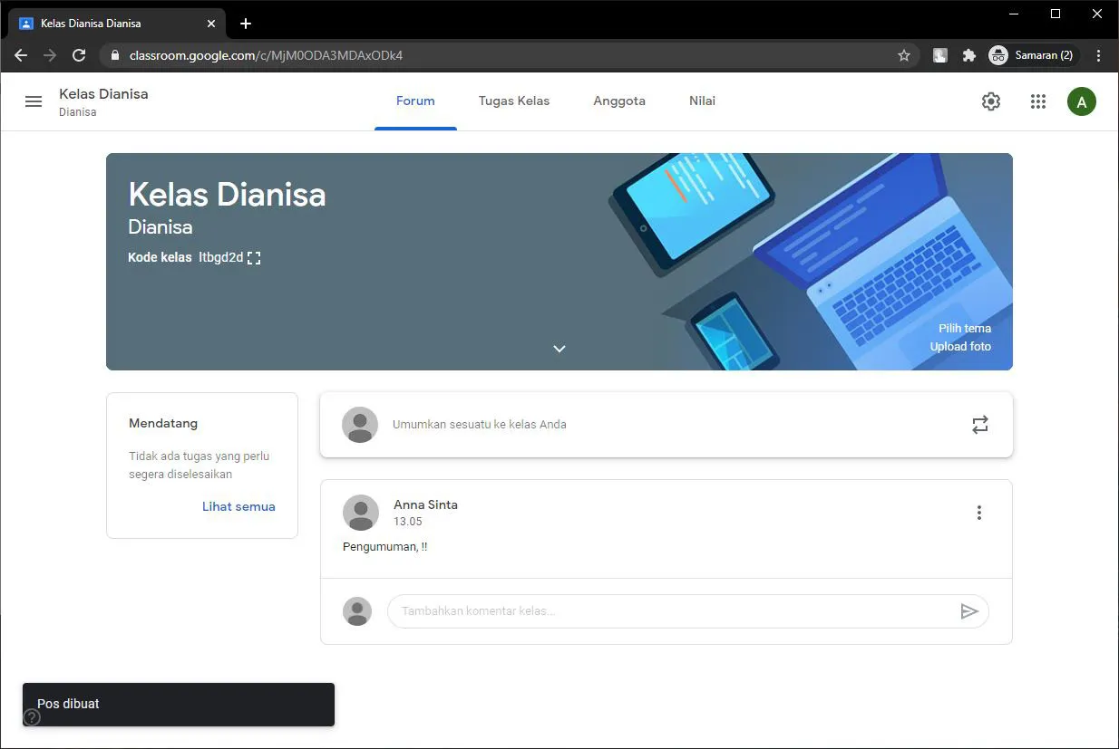 2 Posting pengumuman kelas Google Classroom