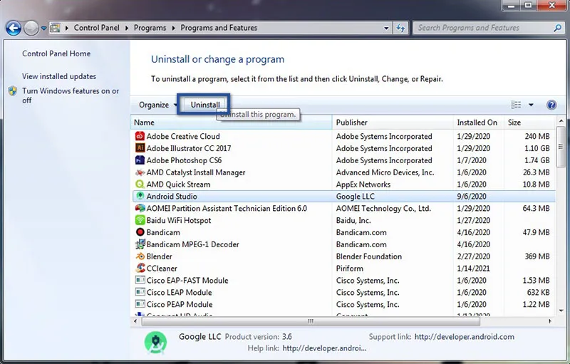 2. Uninstall Software Windows 7