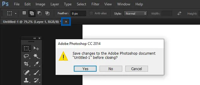 Gunakan fitur close Photoshop