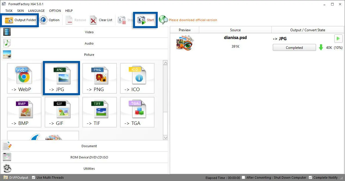 Konversi PSD ke JPG Format Factory