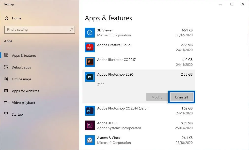 Uninstall Adobe Photoshop Windows