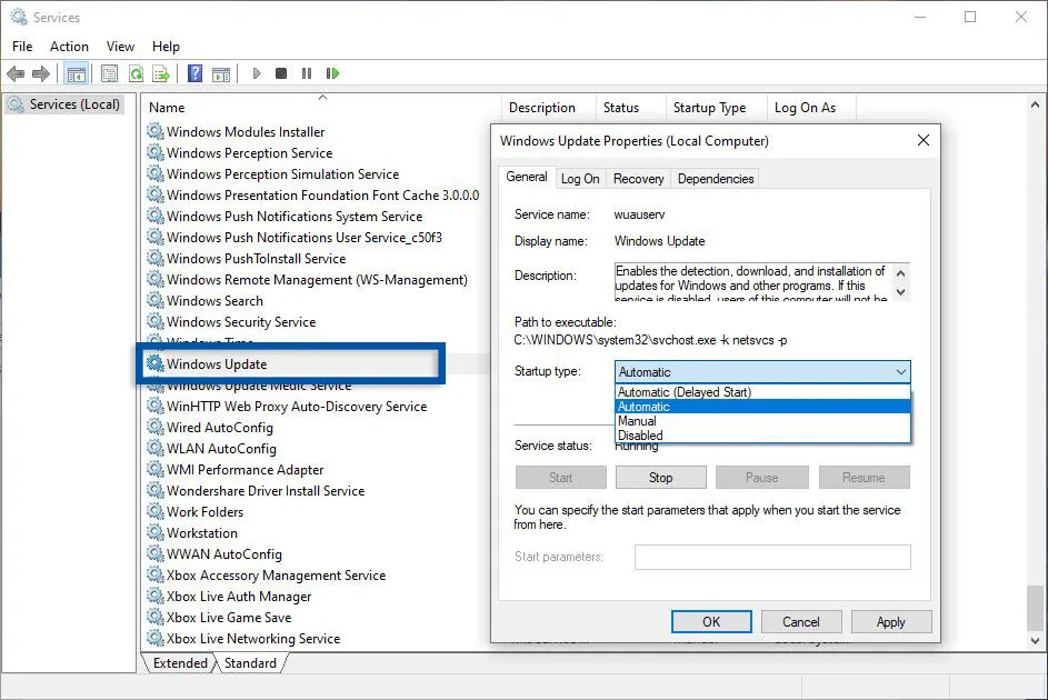 Edit Windows Update Service Windows