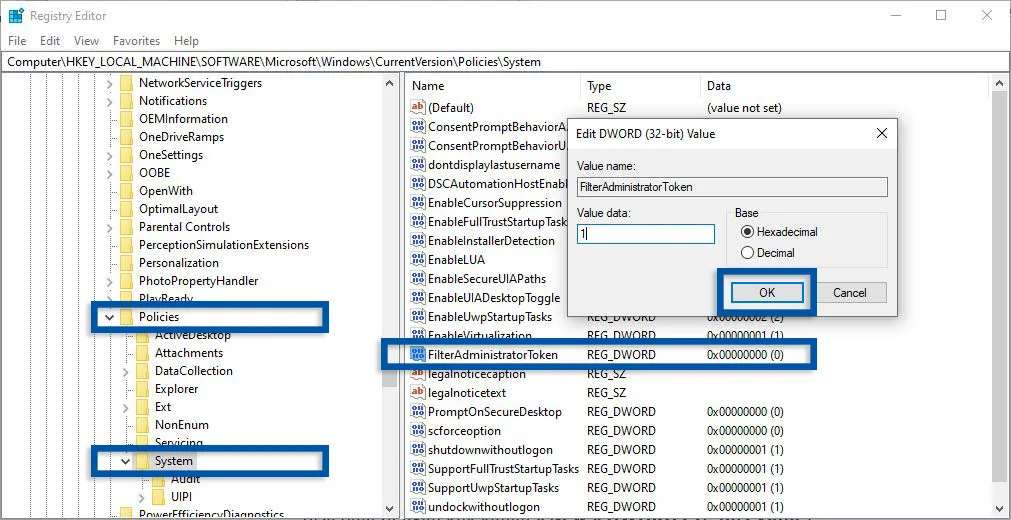 Ganti Ganti Value FilterAdministratorToken Regedit