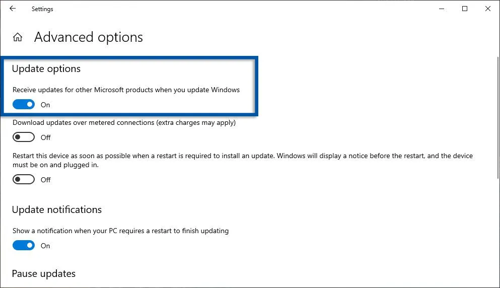 Aktifkan pembaruan Produk Microsoft