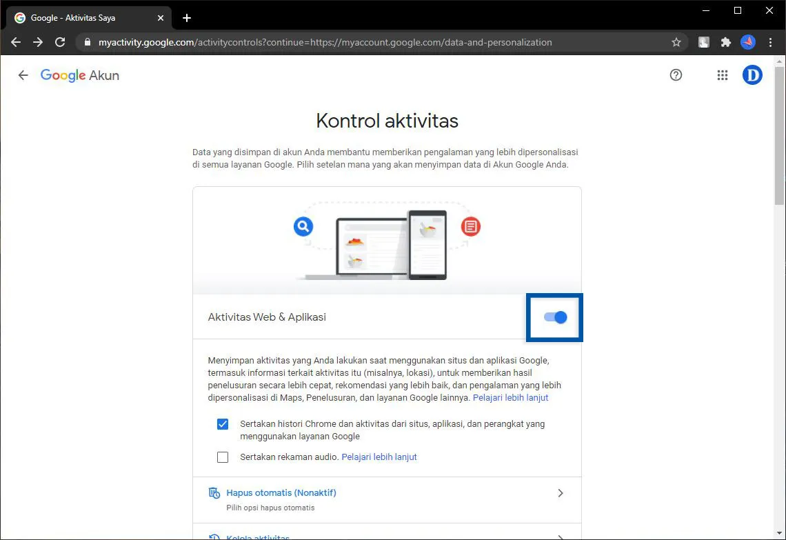 Berhenti menyimpan aktivitas akun Google