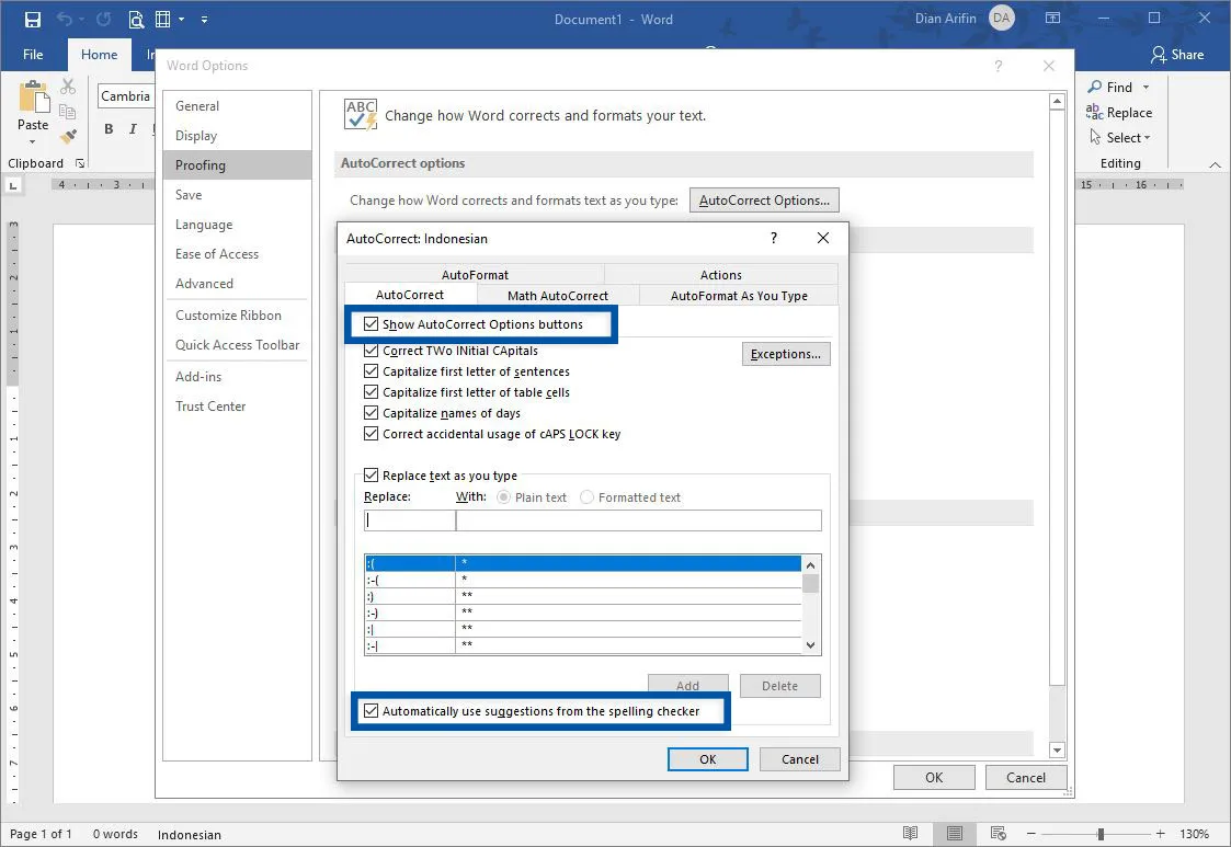 Hilangkan Centang AutoCorrect Microsoft Word