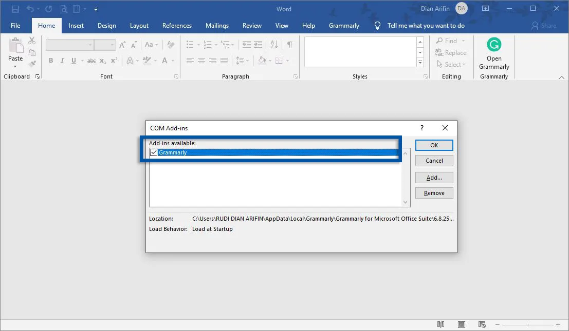 Hilangkan centang pada Add-in