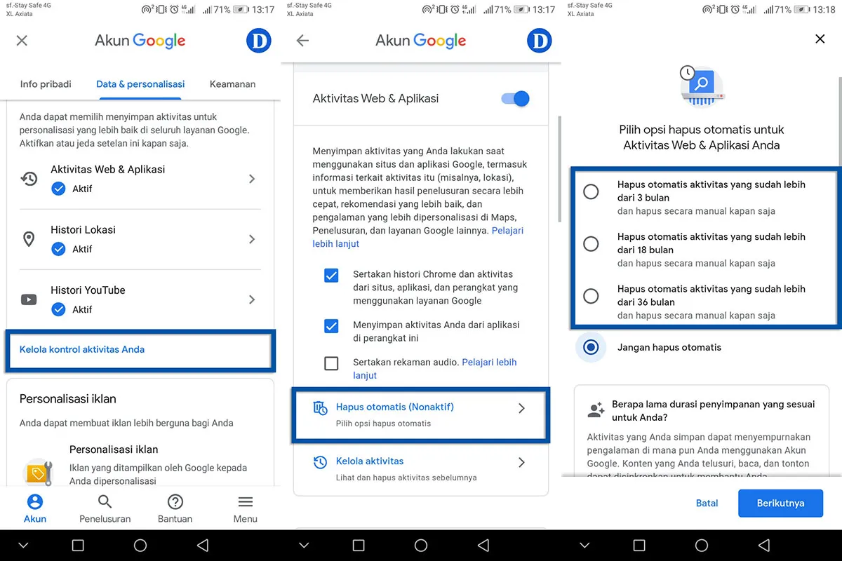Menghapus Aktivitas Akun Secara Otomatis Android