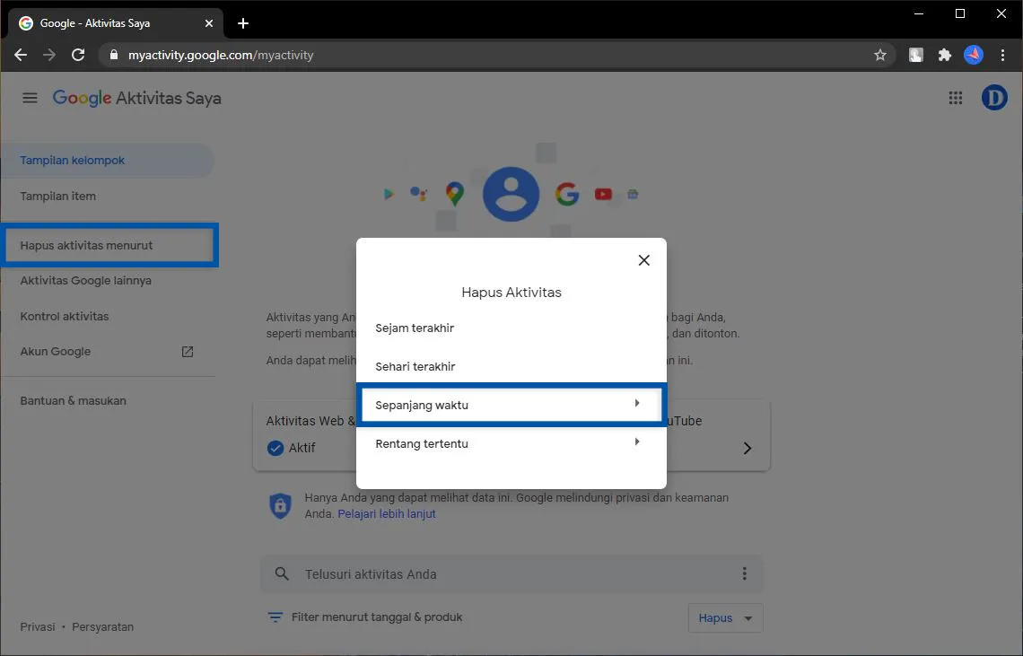 Menghapus semua aktivitas akun Google