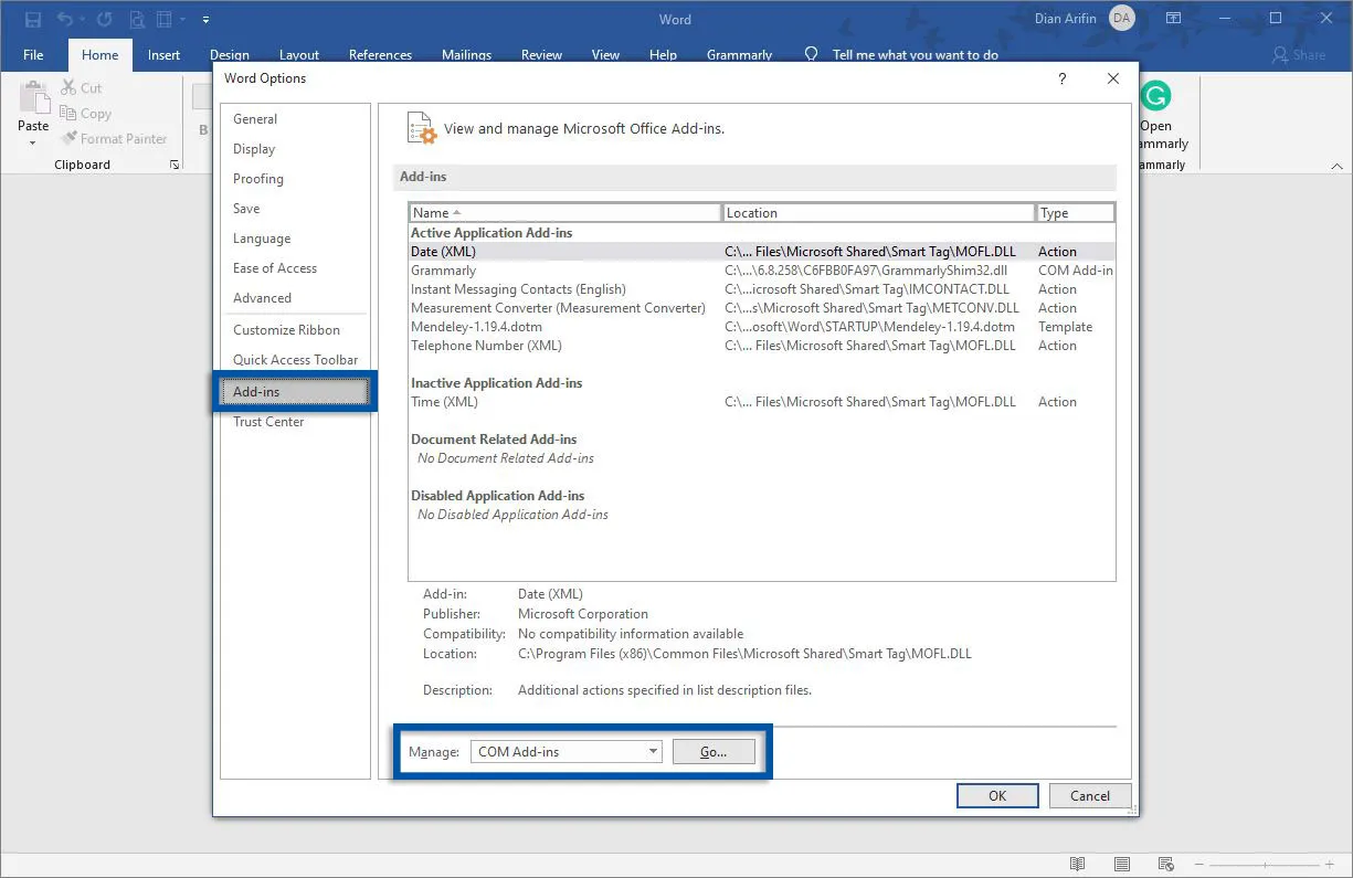 Pilih Add-ins Microsoft Word