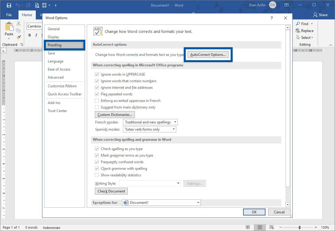 Pilih Proofing Microsoft Word