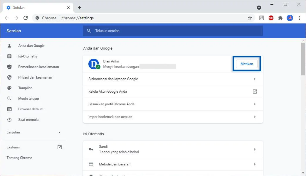 2 Matikan Sinkronisasi Google Chrome