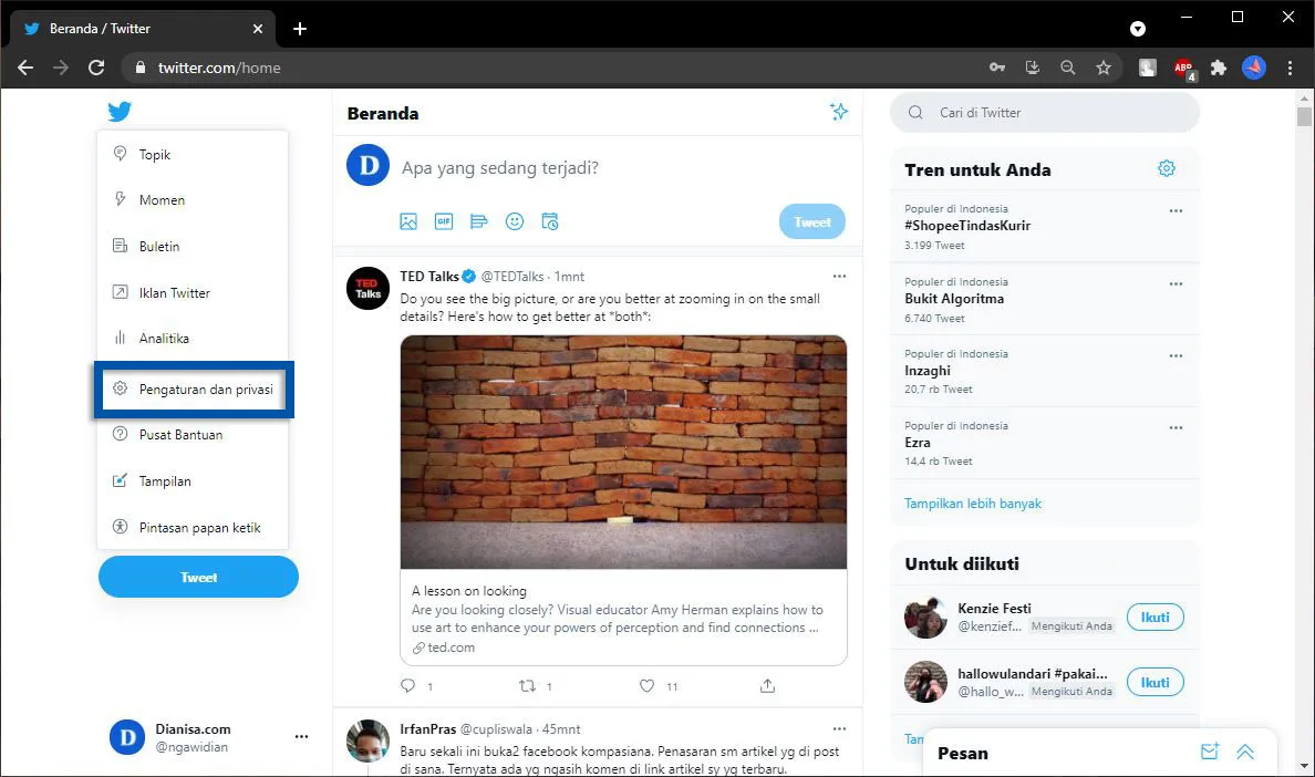 2 Pilih menu Pengaturan dan Privasi Twitter