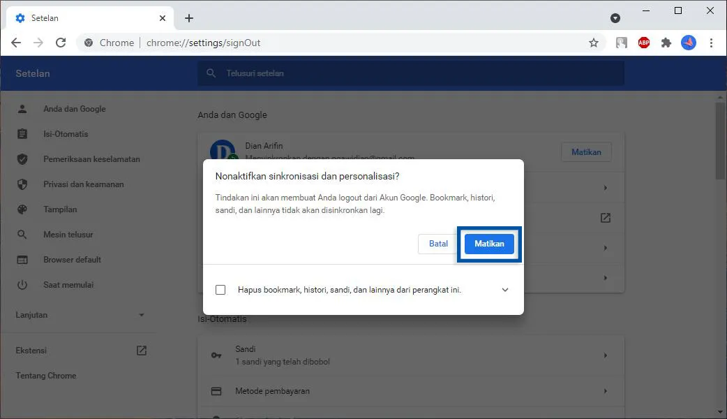 3 Konfirmasi Matikan Sinkronisasi Google Chrome