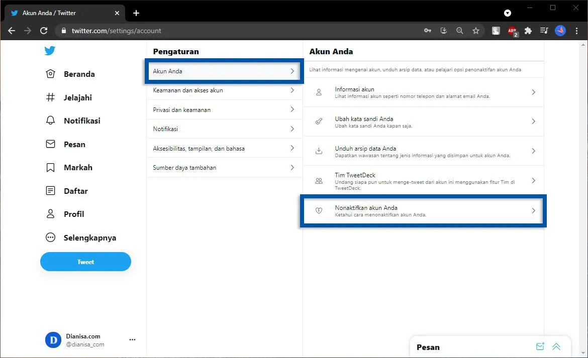 3 Pilih Nonaktifkan Akun Anda Twitter