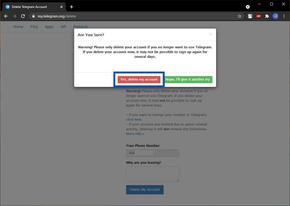 5 Konfirmasi Hapus Akun Telegram