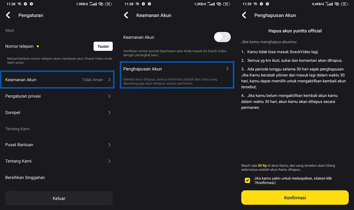 Menghapus Akun Snack Video Android