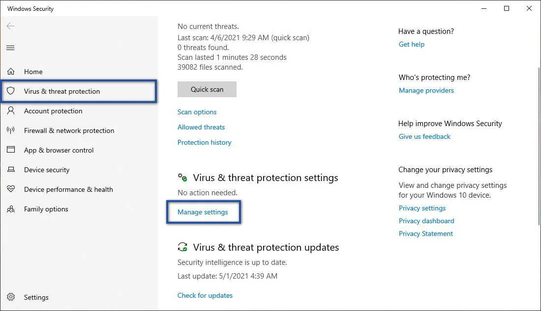 Manage Settings Windows Security