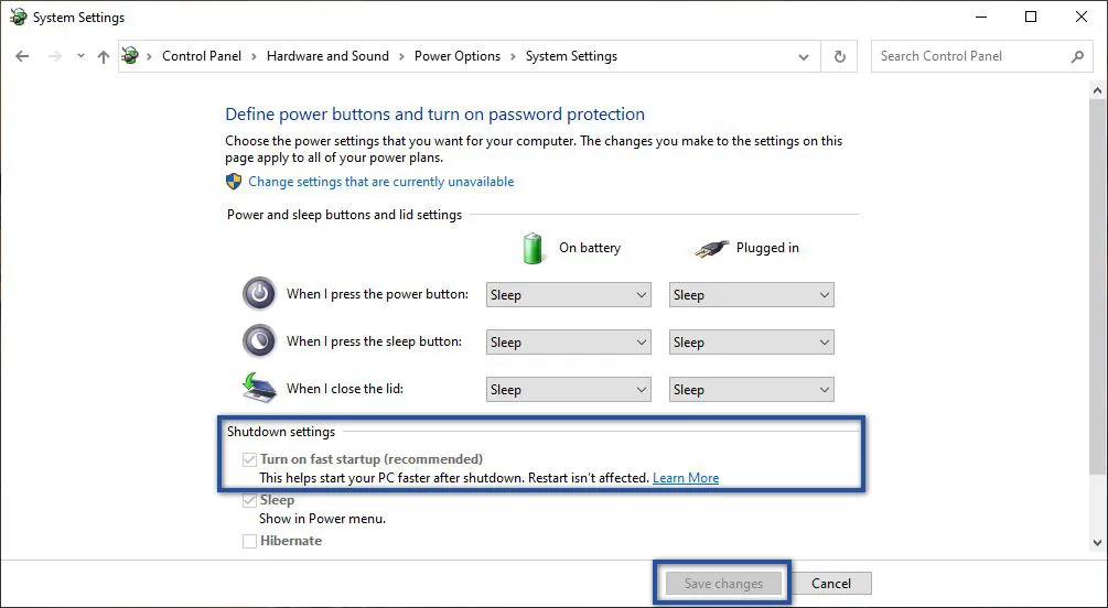 Turn on fast startup
