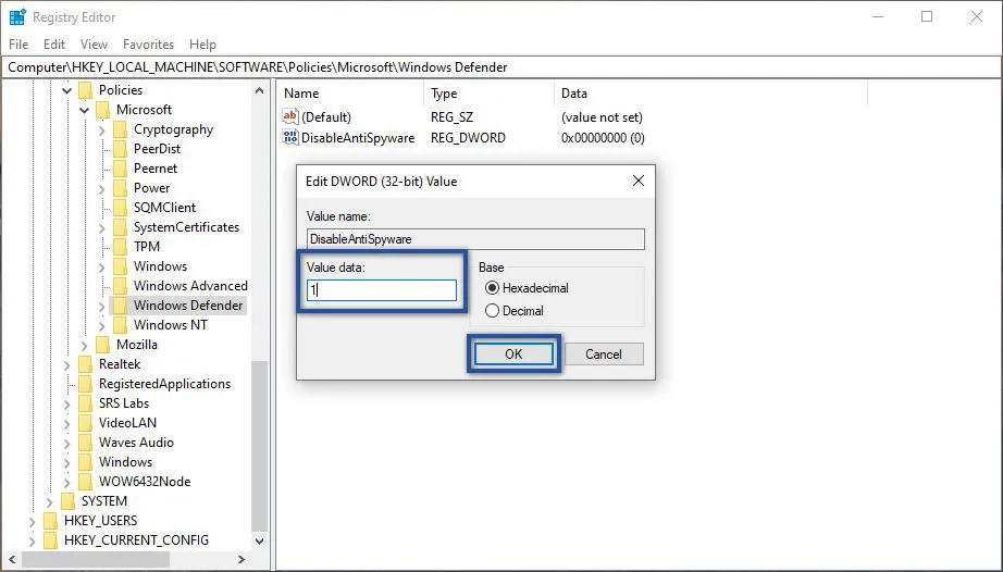Ubah Value Data Windows Defender