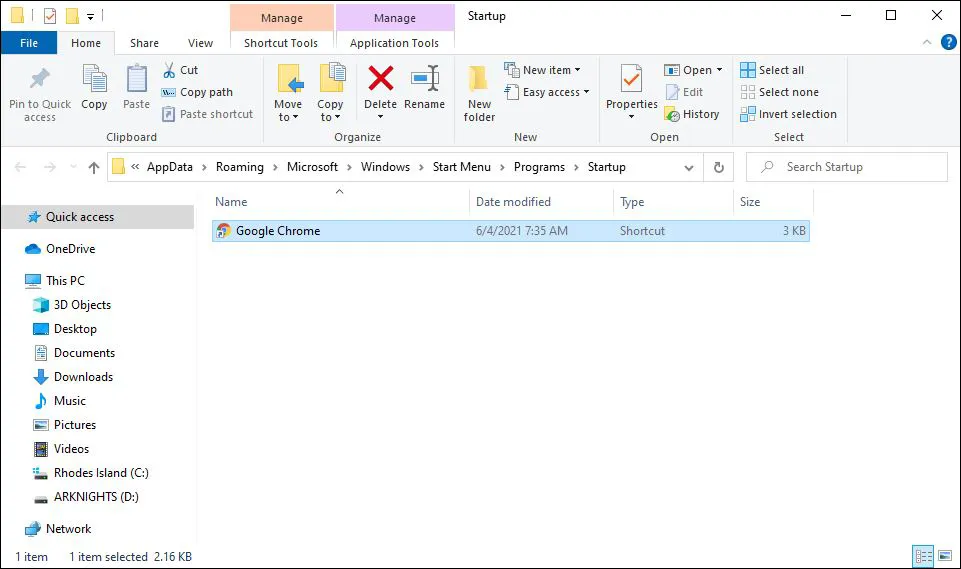 Hapus Chrome di Folder Startup