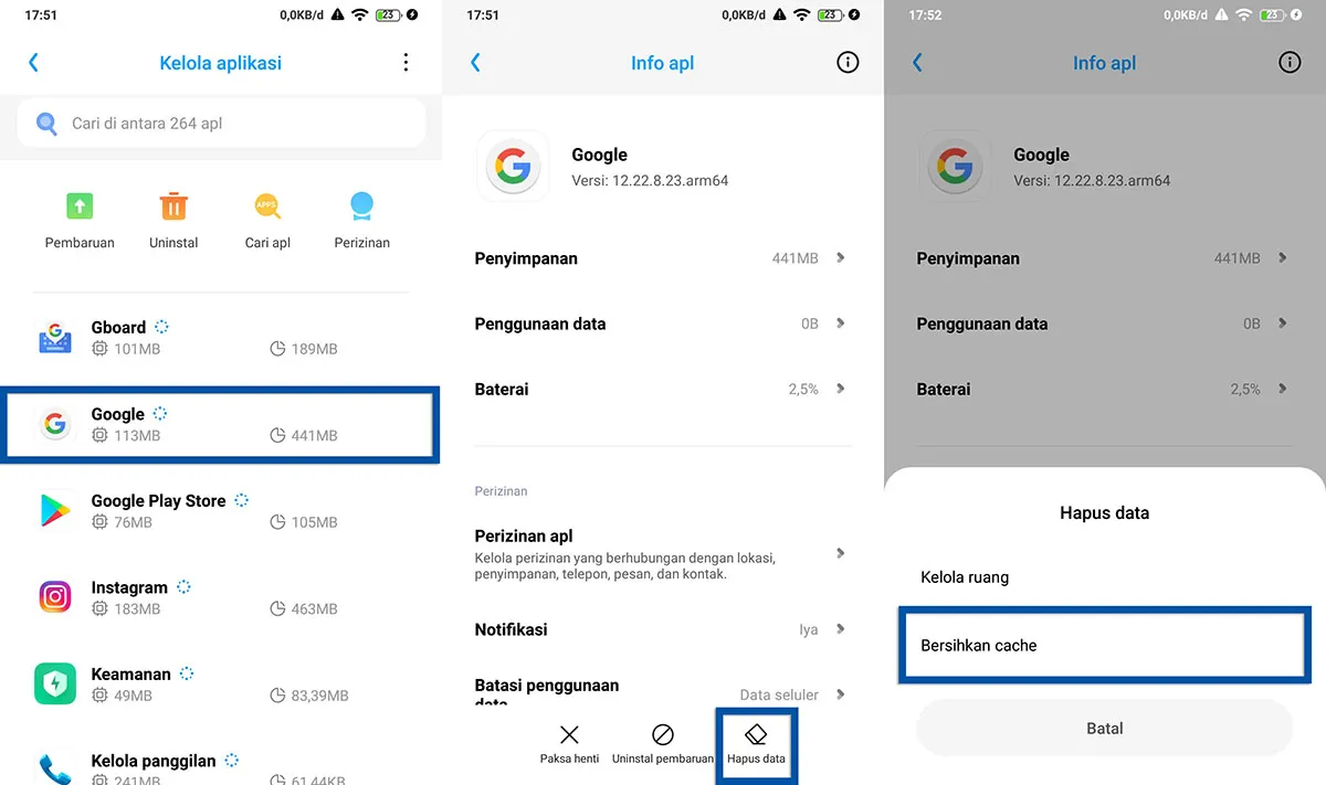 Hapus cache aplikasi Google