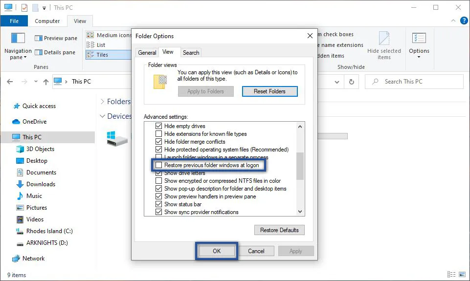 Restore Previous Folder Windows