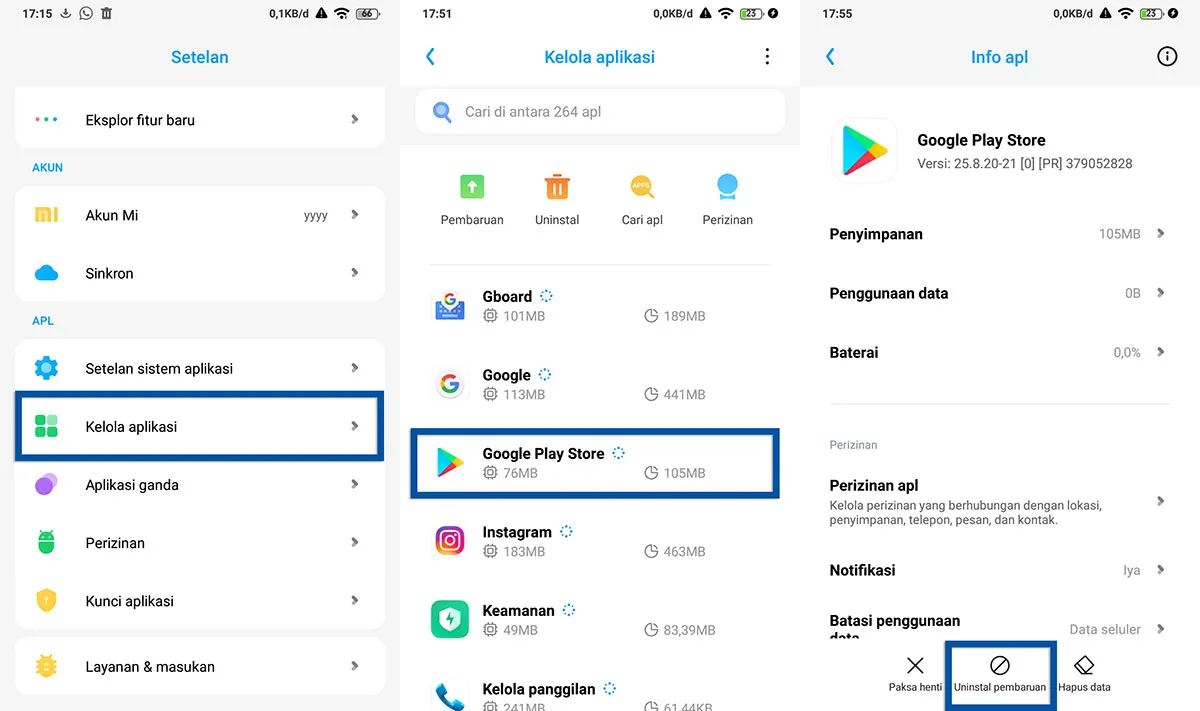 Uninstall pembaruan Google Play Store