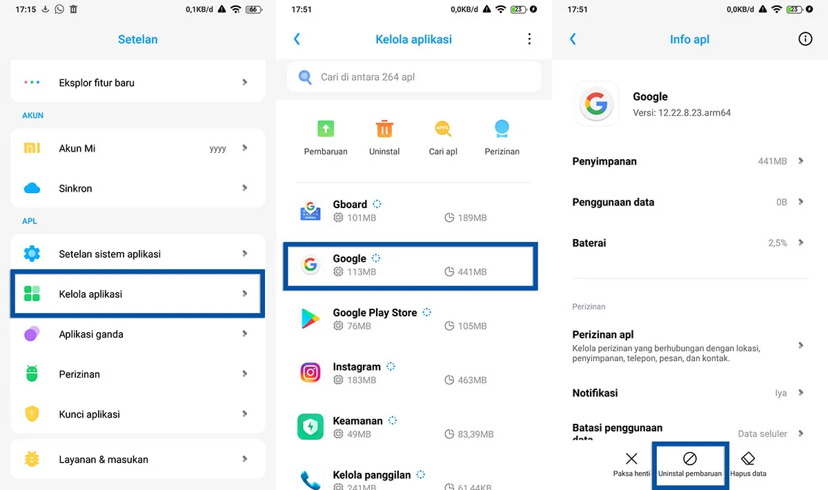 Uninstall pembaruan Google