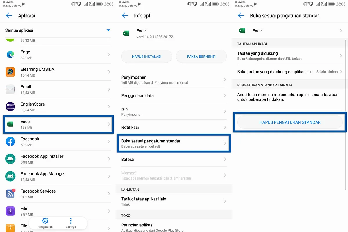 Hapus pengaturan standar aplikasi