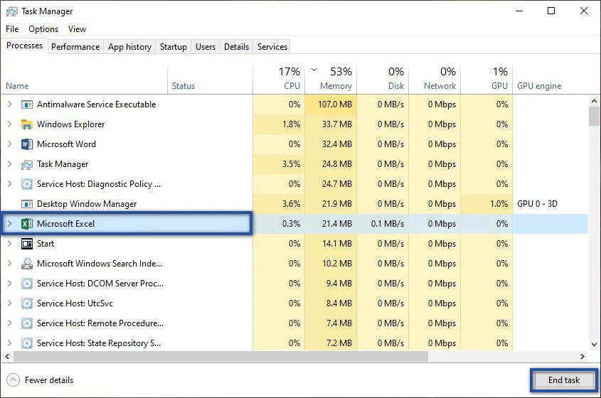 Microsoft Excel Task Manager