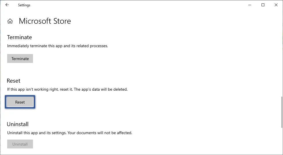 Reset Aplikasi Microsoft Store