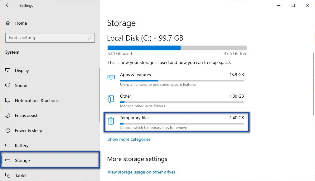 Temporary files Settings