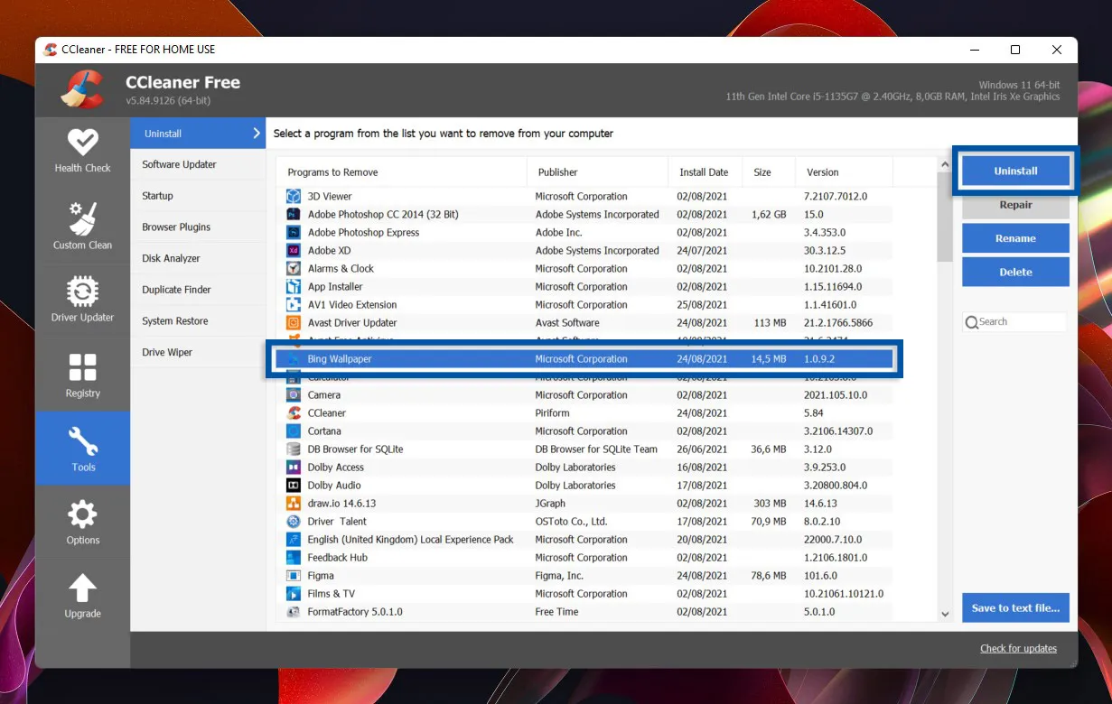 1 Uninstall aplikasi di CCleaner